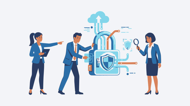 Business team working on cybersecurity and data protection, securing cloud information and digital privacy with a padlock shield.