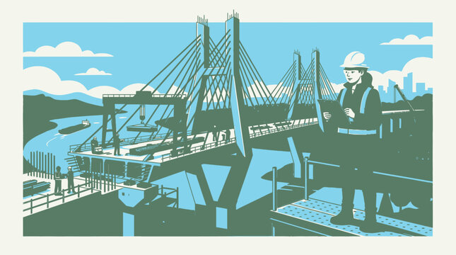 Engineer overseeing construction of a large cable-stayed bridge over a river with industrial background