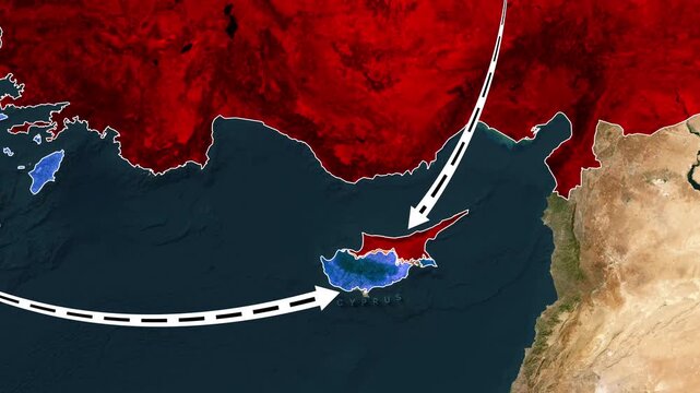animated political map showing Turkey's and Greece's influence over Cyprus footage