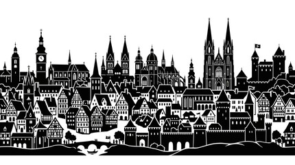 Fototapeta premium Medieval European City Skyline Silhouette, Black and White Illustration