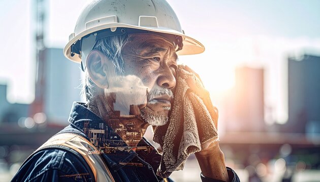 現場の作業員が汗を拭いている