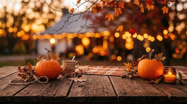 Halloween autumn still life pumpkins coffee and fall foliage on rustic wood table