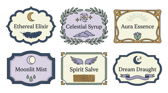 Magical potion label icons set with fantasy elixir typography and ornate frames.