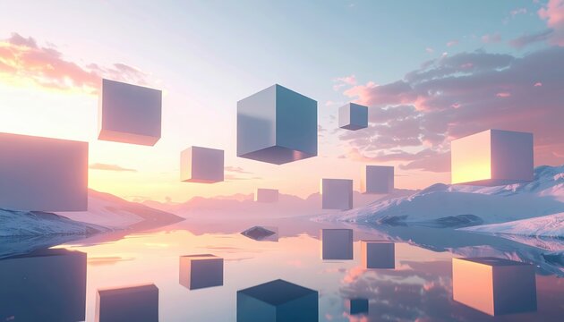 Floating cubes reflecting in water at sunrise.