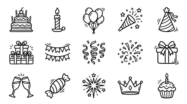 Birthday celebration icons and symbols.