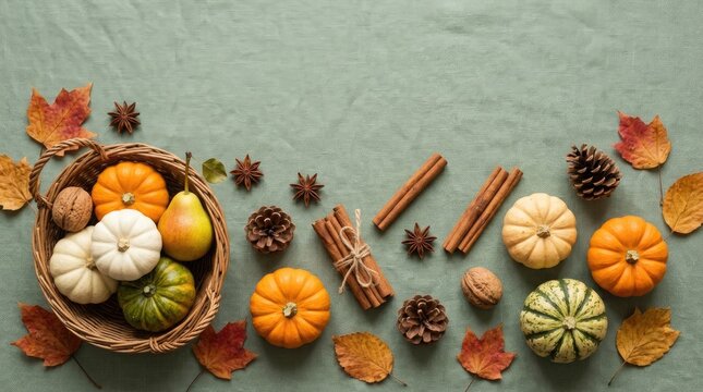 Halloween autumn harvest still life pumpkins gourds cinnamon and fall foliage arrangement