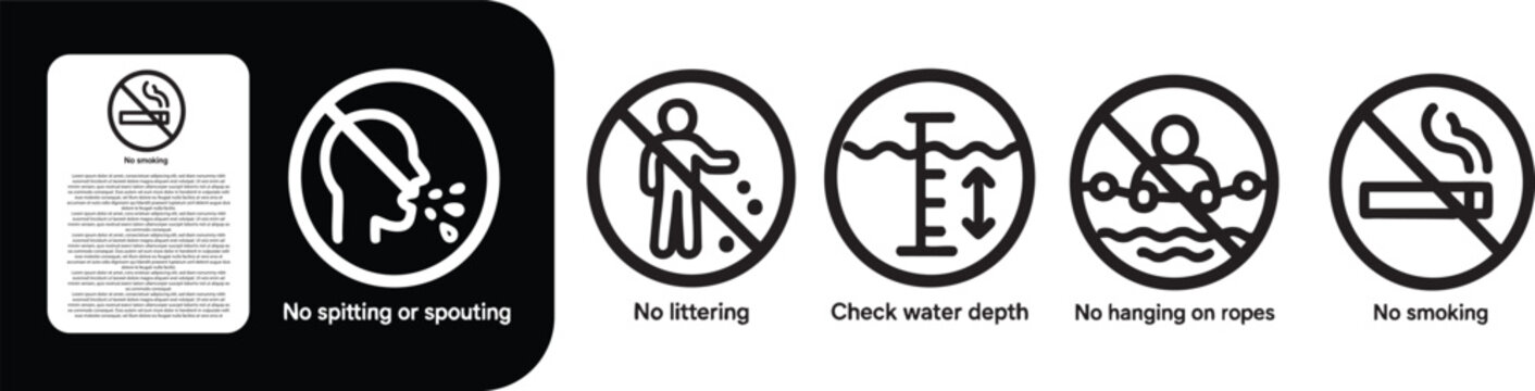 Safety and Prohibition Icons Set , No spitting or spouting, No littering, Check water depth, No hanging on ropes, No smoking