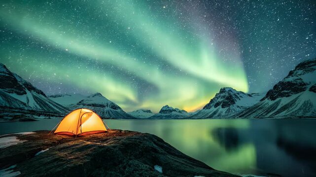An illuminated tent sits on a rocky outcrop under the mesmerizing aurora borealis