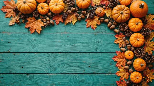 Halloween autumn decor pumpkins maple leaves pinecones on teal wood fall festive arrangement