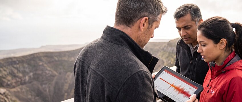 Scientists analyzing seismic data tablet outdoors looking closely at earthquake waves during geological field research project monitoring natural volcanic activity in remote mountain canyon valley.