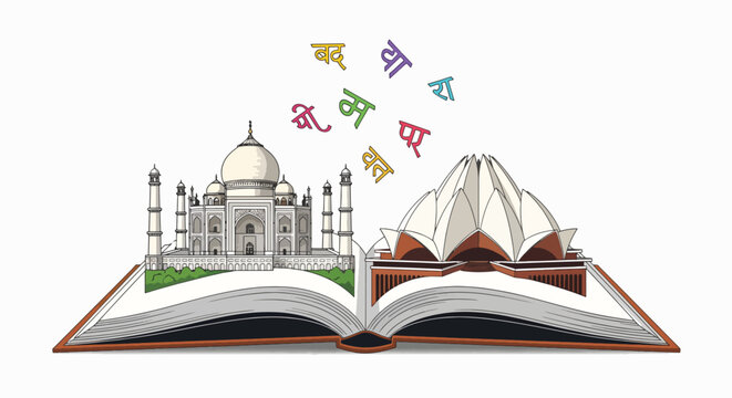 An illustration of the Taj Mahal and Mount Everest rising from an open book with Indian language characters floating above in a classroom setting.