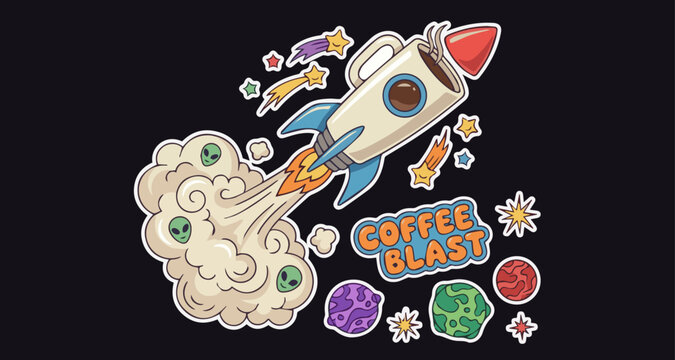 Cartoon rocket with coffee blasting off into space, surrounded by planets, stars, and smoke with alien faces, labeled 'COFFEE BLAST'.