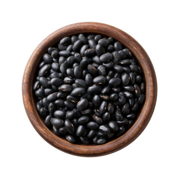 Black beans in a rustic wooden bowl top view isolated on transparent background