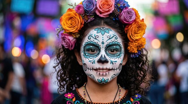 Dia de los muertos celebration young woman with intricate halloween sugar skull face paint and floral crown