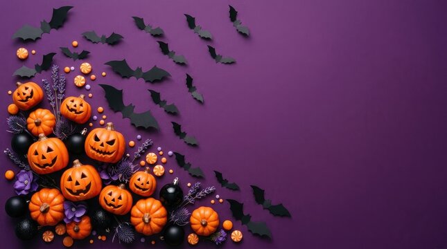 Halloween decorations flat lay pumpkins bats and spooky elements on purple background
