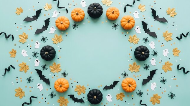 Festive halloween flatlay pumpkins ghosts bats and autumn leaves on teal background