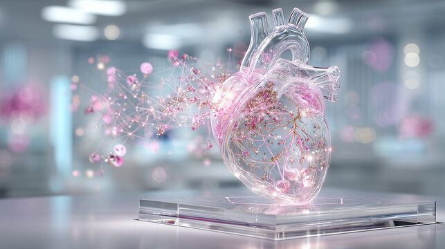Digital human heart model filled with pink floral blossoms for biotechnology research