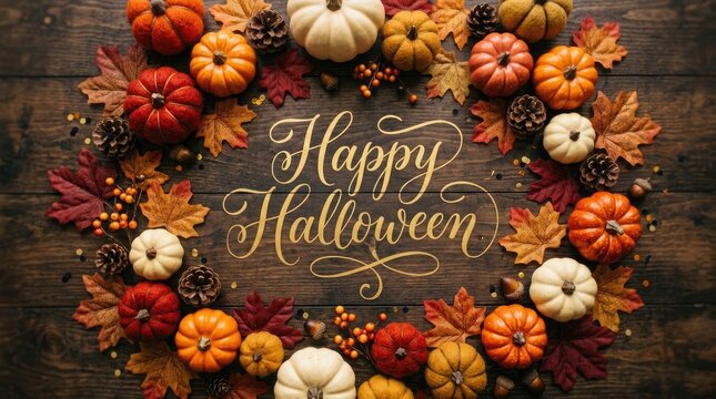 Happy halloween festive arrangement pumpkins autumn leaves and pinecones on rustic wood background