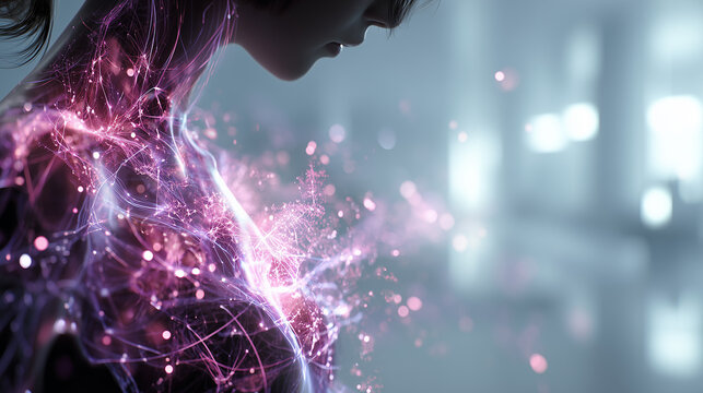 Futuristic female side profile with glowing pink neural network lines on neck and chest