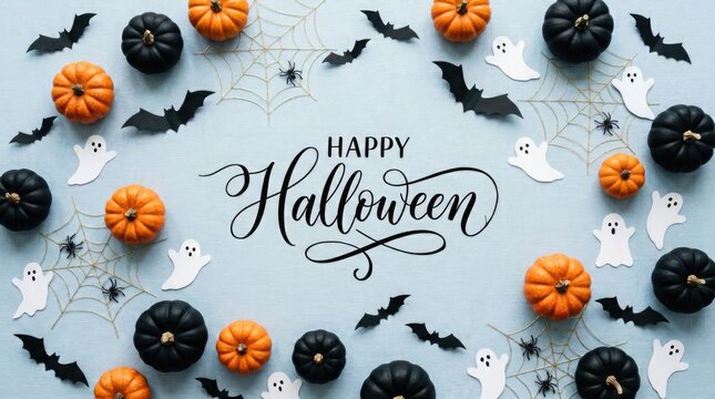 Festive halloween flatlay pumpkins bats ghosts and spiderwebs for autumn celebrations