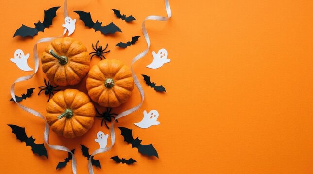 Halloween decorations pumpkins ghosts bats and spiders on orange background festive fall scene
