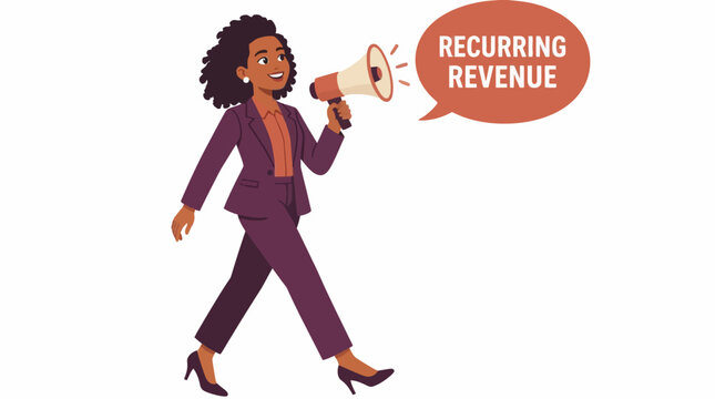 Businesswoman holding megaphone for recurring revenue announcement.