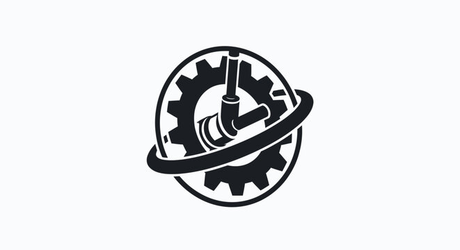 Industrial gear icon with pipe and circular frame.