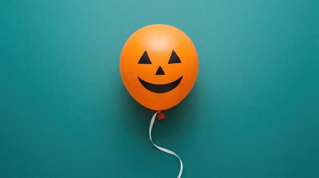 Halloween jack o' lantern balloon on teal background festive october 31st party decoration concept