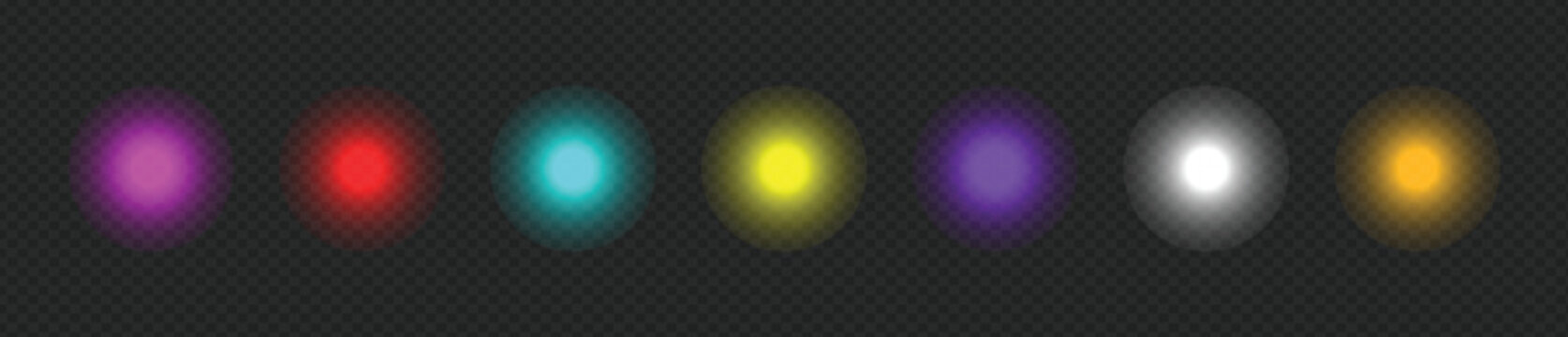 Colorful Soft Glow Light Orbs Collection with Blurred Neon Sparkle Effects, Radiant Luminous Bokeh Circles, Isolated on Transparent Background for Christmas Day, Holiday Decoration and Creative Design