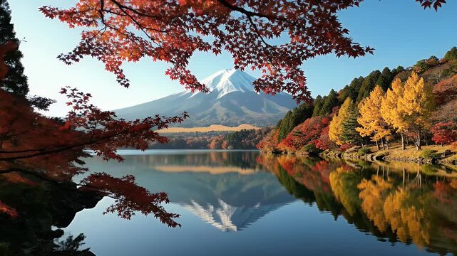 Autumn foliage frames a majestic mountain reflected in a tranquil lake