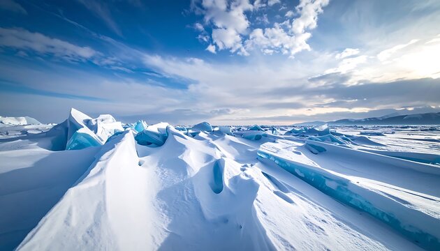 Frozen landscape with ice formations.