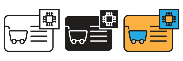 Smart ecommerce digital processor vector icon. Vector icon set showing an online retail shopping cart website card combined with a smart electronic microchip processor. © sunaerih