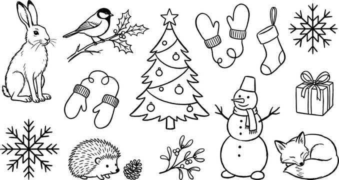 Christmas and winter vector doodle icon set featuring hand drawn christmas tree snowman snowflakes rabbit fox hedgehog mittens bird and gift box elements