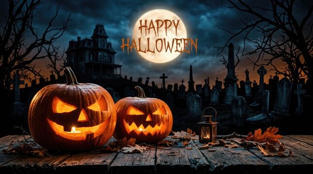 Spooky halloween scene jack o' lanterns haunted house and cemetery under a full moon