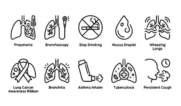 Lung Disease Medical Icons Vector Set with Pneumonia Bronchoscopy Stop Smoking Bronchitis Inhaler Tuberculosis and Cough Outline Symbols