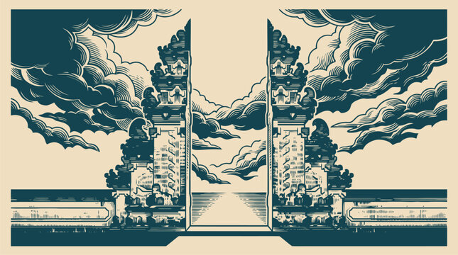 Vintage symmetrical monument with cloudy sky flags vector emblem.