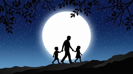 Fototapeta premium Father and two children walking under a bright full moon during a starry night with tree silhouettes