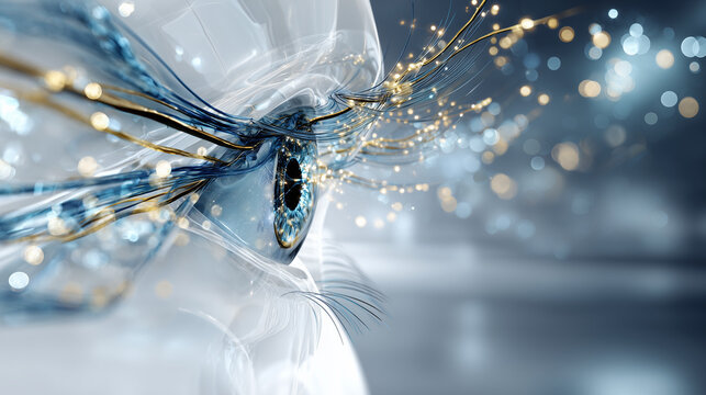 Sleek futuristic blue crystal eye model with golden lashes for biomimetic optical tracking