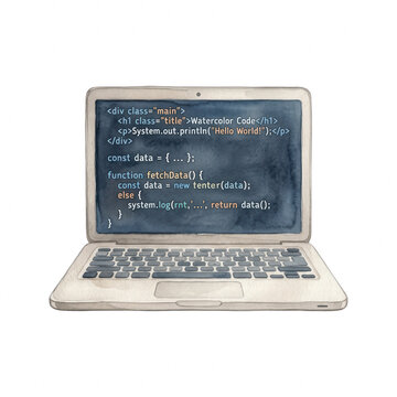 Watercolor illustration of a laptop with code on screen