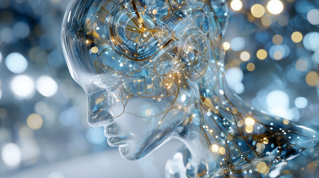 Luminous crystal head profile with golden circular brain circuits for quantum cognitive computing