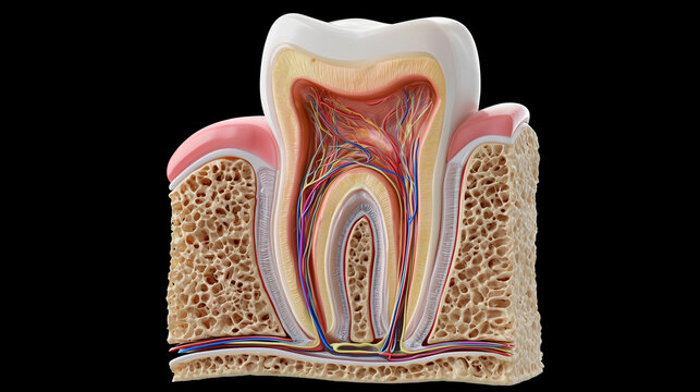 Detailed cross section of human tooth anatomy showing pulp dentin enamel root and surrounding jaw bone	