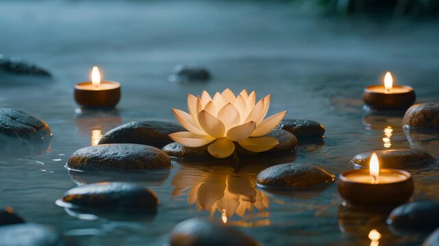 Glowing lotus flower with burning candles on rippling water for meditation and self care. Seamless loop video