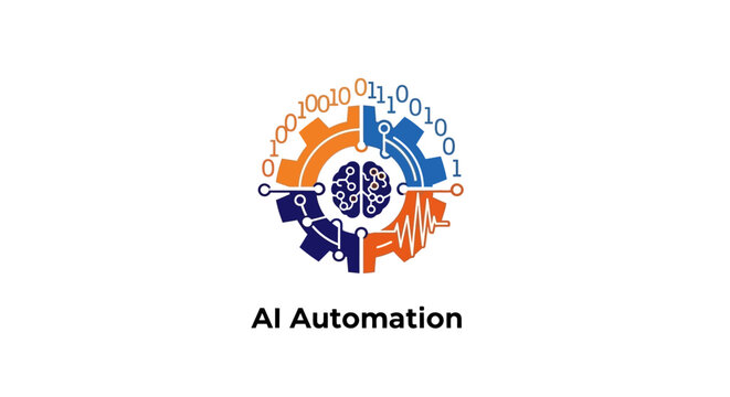 Conceptual AI Automation Logo Depicting Brain, Gears, and Binary Code Representation