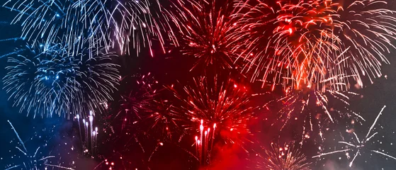 Fototapeten Pony USA america united states new year, new years eve or Independence Day, 4th of July celebration holiday background greeting card - Blue red white firework on dark night sky  © Corri Seizinger