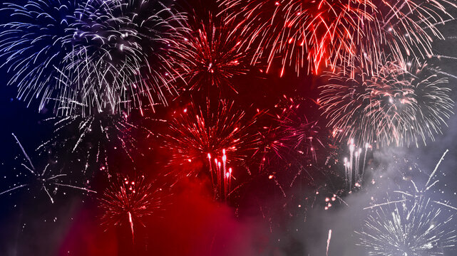 USA america united states new year, new years eve or Independence Day, 4th of July celebration holiday background greeting card - Blue red white firework on dark night sky