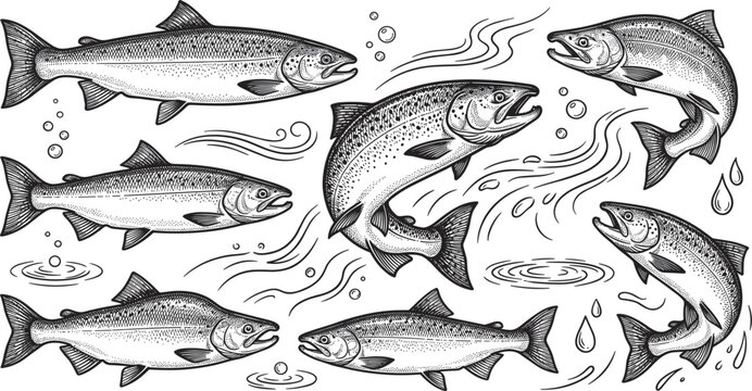 Hand drawn salmon fish vector sketch set with jumping swimming trout underwater waves and bubbles on white background