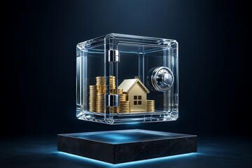 Fototapeta premium Transparent Safe Containing Gold Coins And A House 3d Render On A Dark Background