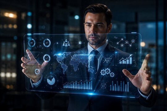 Man Interacting With Holographic Display Of Data Visualizations And World Map Futuristic Style analytics