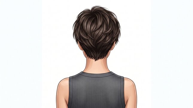 Rear view portrait of woman with short brunette pixie haircut and casual grey top