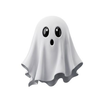 Charming white 3d cartoon ghost floating with surprised expression